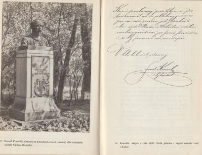 Pomník Františka Kmocha na Kmochově ostrově v Kolíně a Kmochův rukopis/Denkmal des Komponisten František Kmoch und sein Manuskript.jpg